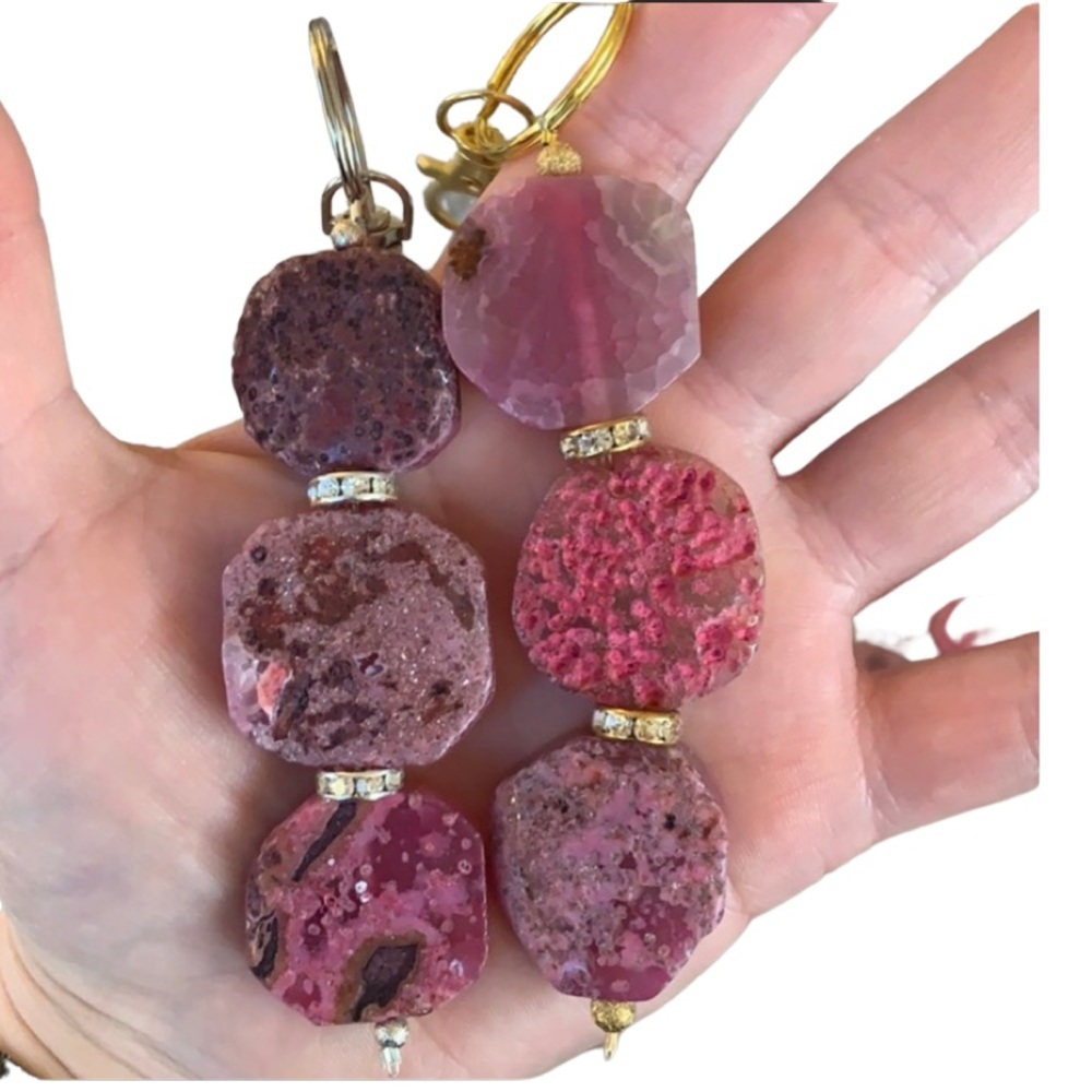 Pink agate stone keychain